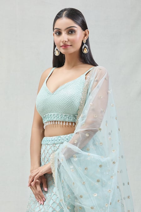 Buy Meenagurnam Blue Net Embroidery, Zari V-neck Checkered Lehenga Set Buy_Meenagurnam_Blue Net Embroidery, Zari V-neck Checkered Lehenga Set