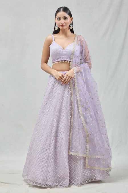 Meenagurnam Purple Net Embroidery, Zari V-neck Checkered Lehenga Set 
