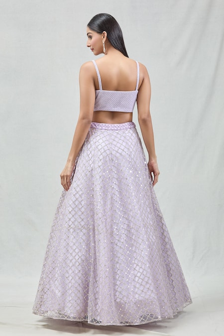 Shop_Meenagurnam_Purple Net Embroidery, Zari V-neck Checkered Lehenga Set _at_Aza_Fashions