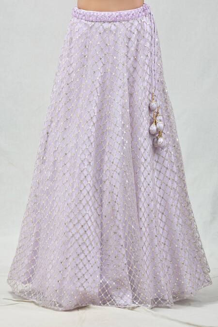 Meenagurnam_Purple Net Embroidery, Zari V-neck Checkered Lehenga Set _Online_at_Aza_Fashions