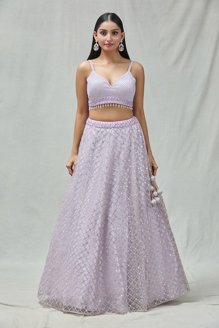 Buy_Meenagurnam_Purple Net Embroidery, Zari V-neck Checkered Lehenga Set _Online_at_Aza_Fashions