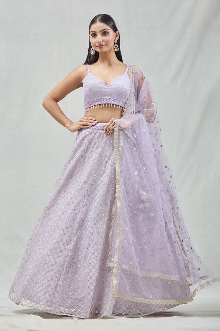 Shop_Meenagurnam_Purple Net Embroidery, Zari V-neck Checkered Lehenga Set _Online_at_Aza_Fashions