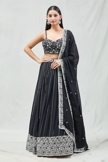 Meenagurnam Black Net, Georgette Sequins Sweetheart Neck Embroidered Lehenga Set
