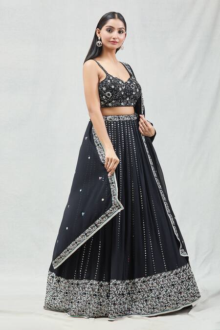 Shop Meenagurnam Black Net, Georgette Sequins Sweetheart Neck Embroidered Lehenga Set Online at Aza Fashions Shop_Meenagurnam_Black Net, Georgette Sequins Sweetheart Neck Embroidered Lehenga Set _Online_at_Aza_Fashions