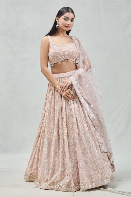 MeenaGurnam Rose Gold Lehenga Georgette Embroidered Sequin Sweetheart And Bead Work Set 