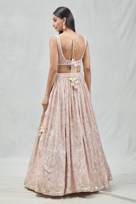 Shop_Meenagurnam_Rose Gold Net, Georgette Sequins, Beads Sweetheart Neck And Work Lehenga Set _at_Aza_Fashions