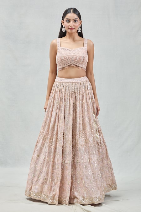 Meenagurnam_Rose Gold Net, Georgette Sequins, Beads Sweetheart Neck And Work Lehenga Set _Online_at_Aza_Fashions