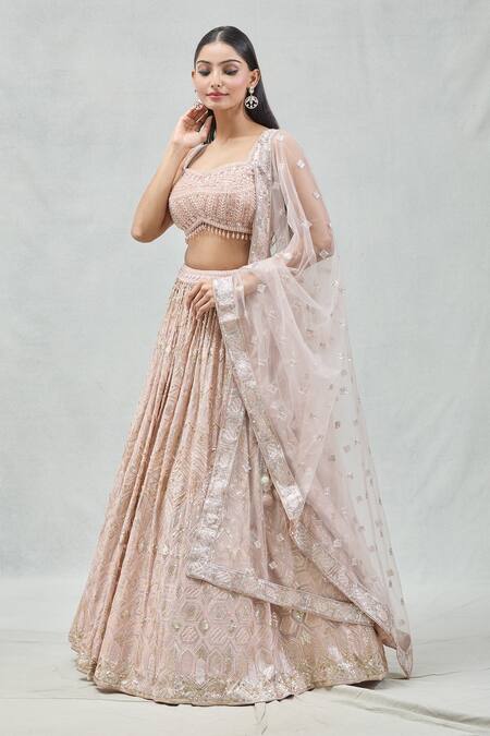 Buy_Meenagurnam_Rose Gold Net, Georgette Sequins, Beads Sweetheart Neck And Work Lehenga Set _Online_at_Aza_Fashions