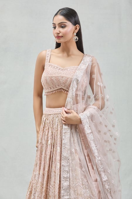 Shop_Meenagurnam_Rose Gold Net, Georgette Sequins, Beads Sweetheart Neck And Work Lehenga Set _Online_at_Aza_Fashions
