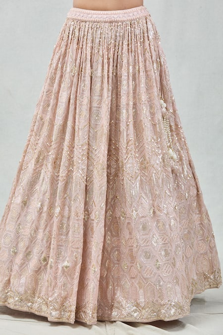 Buy_Meenagurnam_Rose Gold Net, Georgette Sequins, Beads Sweetheart Neck And Work Lehenga Set 
