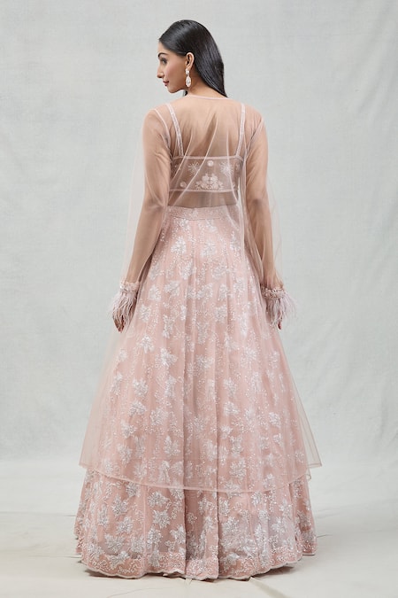 Meenagurnam Sequin Embroidered Fringed Jacket Lehenga Set 