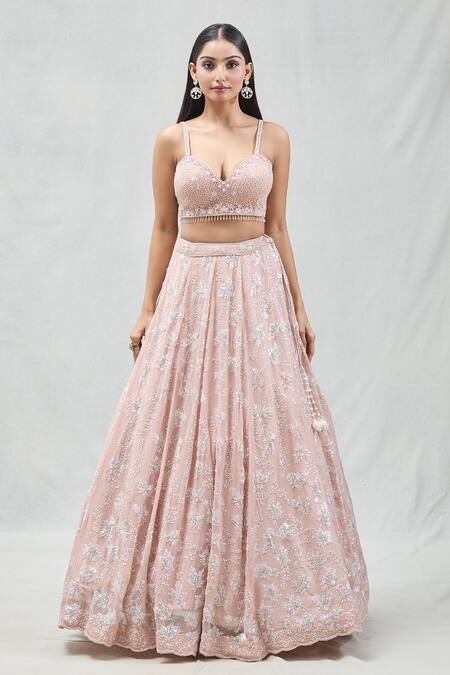 Meenagurnam Peach Georgette, Net Sequins, Cut Work Embroidered Fringed Jacket Lehenga Set Online at Aza Fashions Meenagurnam_Peach Georgette, Net Sequins, Cut Work Embroidered Fringed Jacket Lehenga Set _Online_at_Aza_Fashions