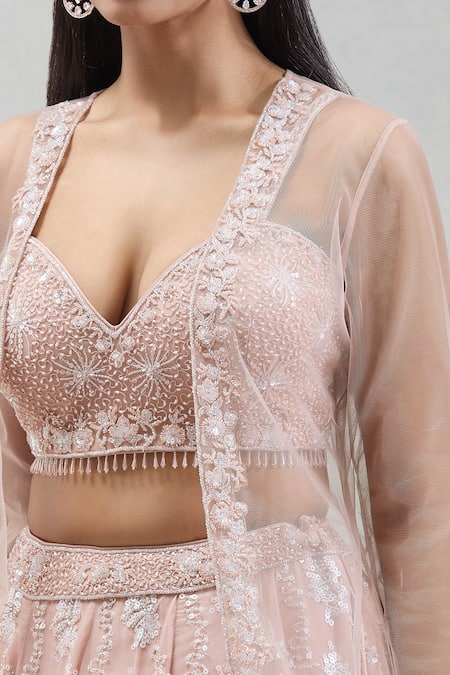 Buy Meenagurnam Peach Georgette, Net Sequins, Cut Work Embroidered Fringed Jacket Lehenga Set Online at Aza Fashions Buy_Meenagurnam_Peach Georgette, Net Sequins, Cut Work Embroidered Fringed Jacket Lehenga Set _Online_at_Aza_Fashions