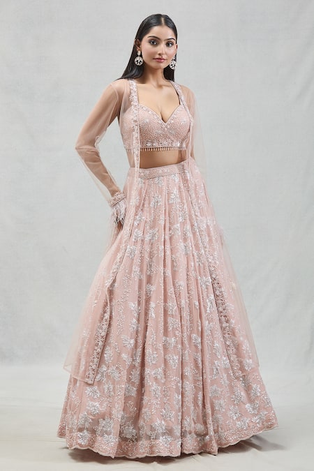 Shop Meenagurnam Peach Georgette, Net Sequins, Cut Work Embroidered Fringed Jacket Lehenga Set Online at Aza Fashions Shop_Meenagurnam_Peach Georgette, Net Sequins, Cut Work Embroidered Fringed Jacket Lehenga Set _Online_at_Aza_Fashions