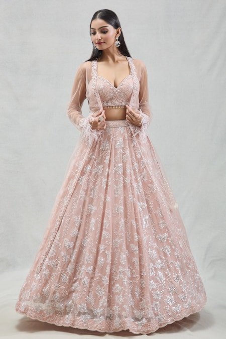 Meenagurnam Peach Georgette, Net Sequins, Cut Work Embroidered Fringed Jacket Lehenga Set at Aza Fashions Meenagurnam_Peach Georgette, Net Sequins, Cut Work Embroidered Fringed Jacket Lehenga Set _at_Aza_Fashions