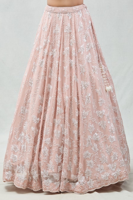 Buy Meenagurnam Peach Georgette, Net Sequins, Cut Work Embroidered Fringed Jacket Lehenga Set Buy_Meenagurnam_Peach Georgette, Net Sequins, Cut Work Embroidered Fringed Jacket Lehenga Set