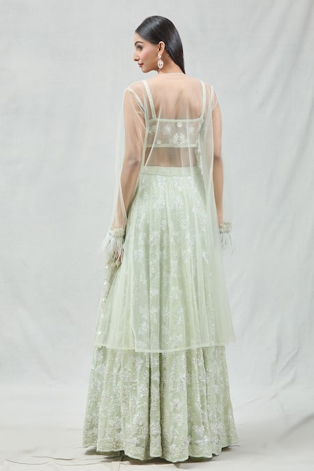 Shop_Meenagurnam_Green Net, Georgette Sequins, Cut Work And Cutdana Embroidered Jacket Lehenga Set _at_Aza_Fashions