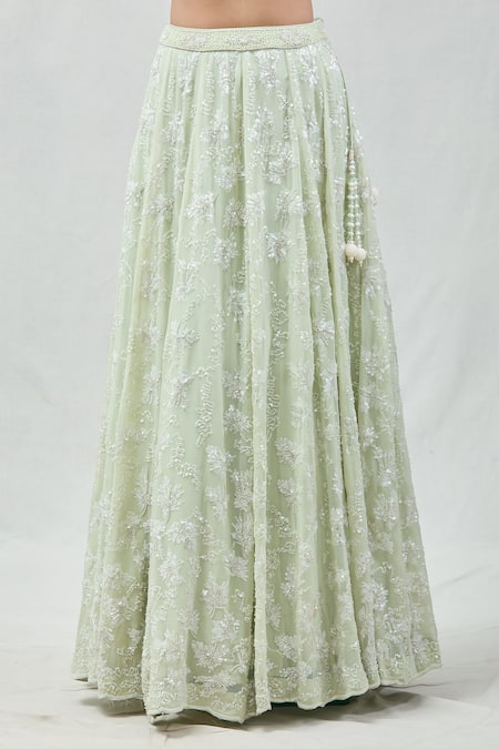 Meenagurnam_Green Net, Georgette Sequins, Cut Work And Cutdana Embroidered Jacket Lehenga Set _Online_at_Aza_Fashions