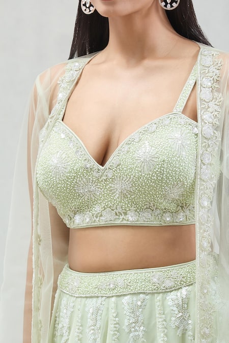 Buy_Meenagurnam_Green Net, Georgette Sequins, Cut Work And Cutdana Embroidered Jacket Lehenga Set _Online_at_Aza_Fashions