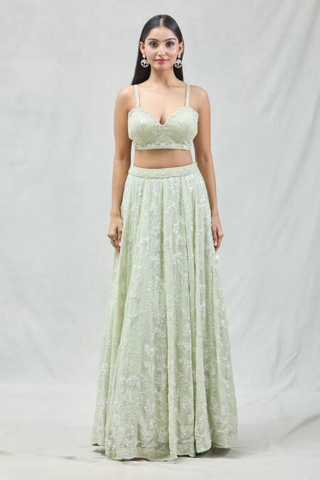 Shop_Meenagurnam_Green Net, Georgette Sequins, Cut Work And Cutdana Embroidered Jacket Lehenga Set _Online_at_Aza_Fashions