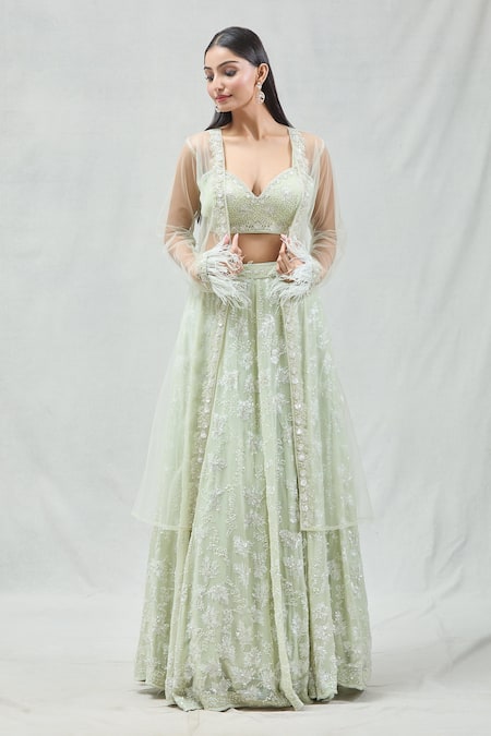 Meenagurnam_Green Net, Georgette Sequins, Cut Work And Cutdana Embroidered Jacket Lehenga Set _at_Aza_Fashions