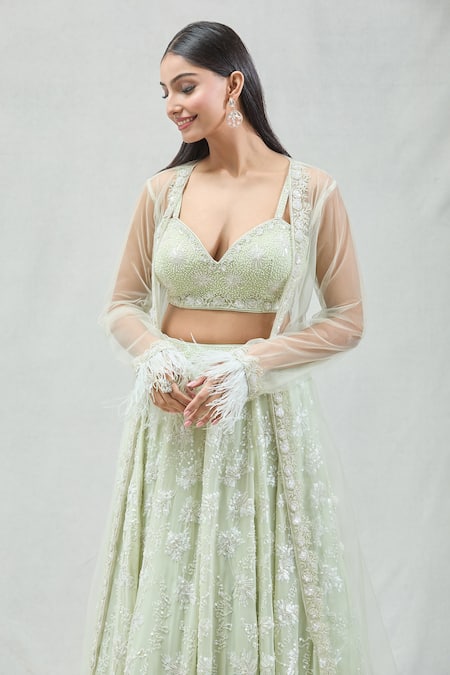 Buy_Meenagurnam_Green Net, Georgette Sequins, Cut Work And Cutdana Embroidered Jacket Lehenga Set 
