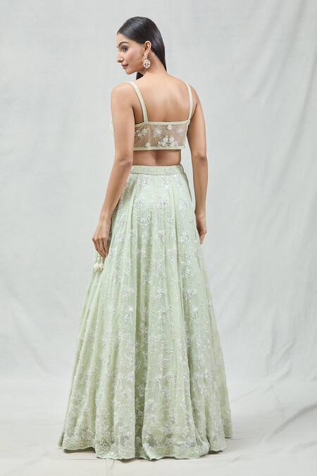 Shop_Meenagurnam_Green Net, Georgette Sequins, Cut Work And Cutdana Embroidered Jacket Lehenga Set 