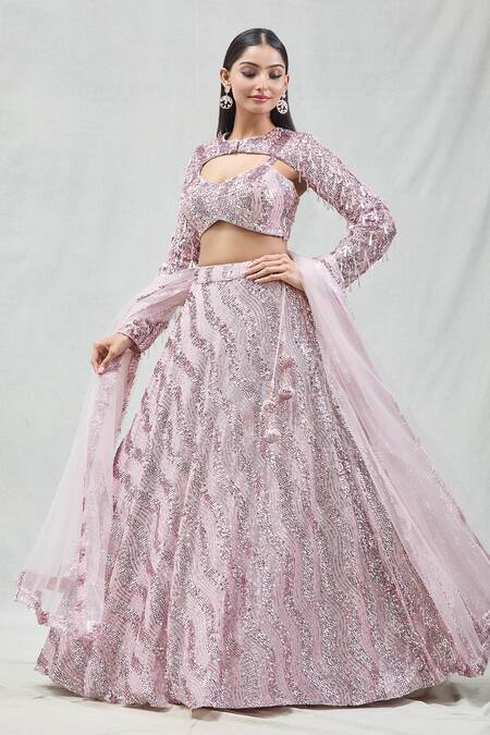 Meenagurnam Pink Net Sequins Sweetheart Neck Computerised Work Lehenga Set at Aza Fashions Meenagurnam_Pink Net Sequins Sweetheart Neck Computerised Work Lehenga Set _at_Aza_Fashions
