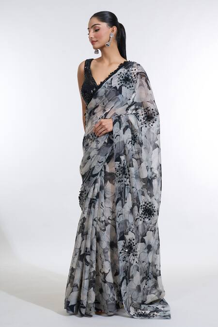Meenagurnam_Black Net, Organza Sequins, Cut Work Floral Print Saree With Embroidered Blouse_Online_at_Aza_Fashions