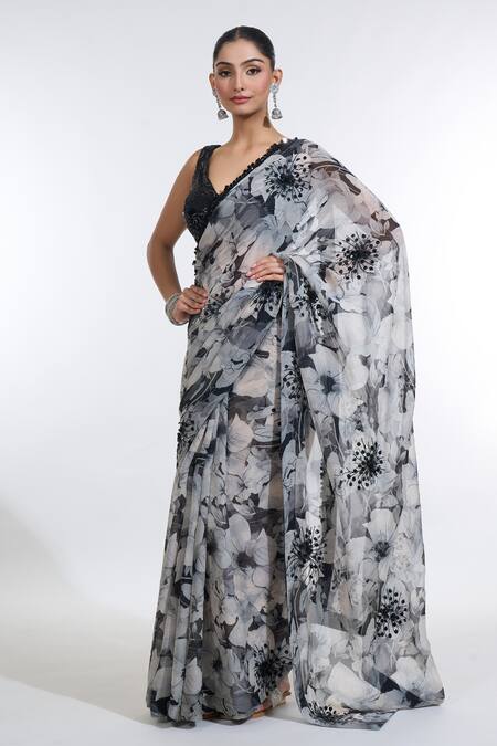 Buy_Meenagurnam_Black Net, Organza Sequins, Cut Work Floral Print Saree With Embroidered Blouse_Online_at_Aza_Fashions