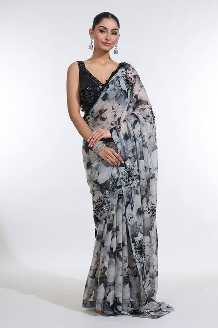 Shop_Meenagurnam_Black Net, Organza Sequins, Cut Work Floral Print Saree With Embroidered Blouse_Online_at_Aza_Fashions