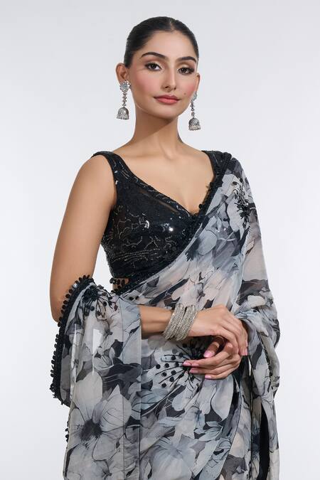 Meenagurnam_Black Net, Organza Sequins, Cut Work Floral Print Saree With Embroidered Blouse_at_Aza_Fashions