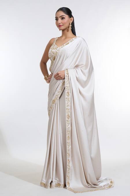 Meenagurnam_Ivory Net, Satin, Silk Sequins, Beads Sweetheart Neck And Work Border Saree Set_Online_at_Aza_Fashions