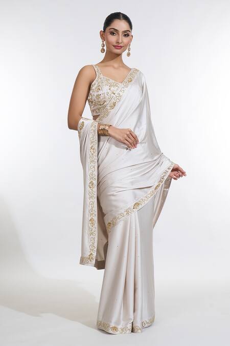 Shop_Meenagurnam_Ivory Net, Satin, Silk Sequins, Beads Sweetheart Neck And Work Border Saree Set_Online_at_Aza_Fashions