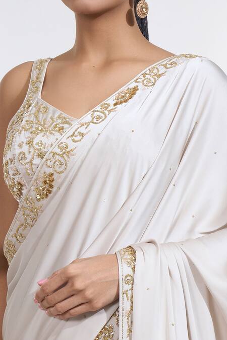 Buy_Meenagurnam_Ivory Net, Satin, Silk Sequins, Beads Sweetheart Neck And Work Border Saree Set