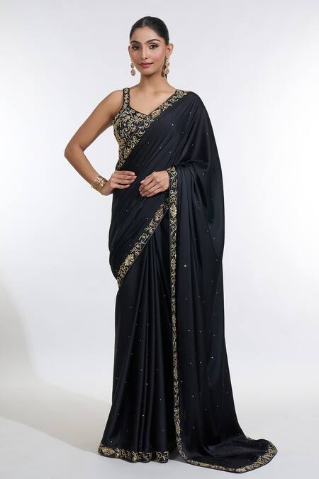Meenagurnam Black Silk, Net Beads, Sequins Armani Satin Embroidered Border Saree With Blouse