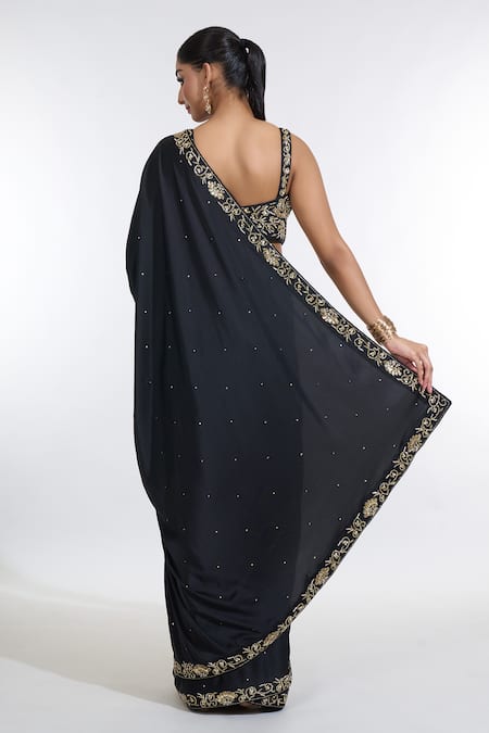 Shop Meenagurnam Black Silk, Net Beads, Sequins Armani Satin Embroidered Border Saree With Blouse at Aza Fashions Shop_Meenagurnam_Black Silk, Net Beads, Sequins Armani Satin Embroidered Border Saree With Blouse _at_Aza_Fashions