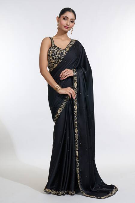Meenagurnam Black Silk, Net Beads, Sequins Armani Satin Embroidered Border Saree With Blouse Online at Aza Fashions Meenagurnam_Black Silk, Net Beads, Sequins Armani Satin Embroidered Border Saree With Blouse _Online_at_Aza_Fashions