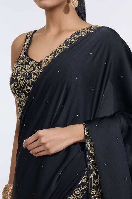 Shop Meenagurnam Black Silk, Net Beads, Sequins Armani Satin Embroidered Border Saree With Blouse Online at Aza Fashions Shop_Meenagurnam_Black Silk, Net Beads, Sequins Armani Satin Embroidered Border Saree With Blouse _Online_at_Aza_Fashions