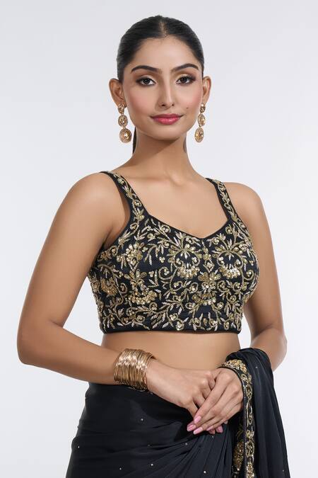 Meenagurnam Black Silk, Net Beads, Sequins Armani Satin Embroidered Border Saree With Blouse at Aza Fashions Meenagurnam_Black Silk, Net Beads, Sequins Armani Satin Embroidered Border Saree With Blouse _at_Aza_Fashions