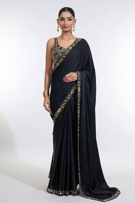 Buy Meenagurnam Black Silk, Net Beads, Sequins Armani Satin Embroidered Border Saree With Blouse Buy_Meenagurnam_Black Silk, Net Beads, Sequins Armani Satin Embroidered Border Saree With Blouse