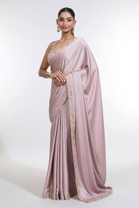 Meenagurnam_Rose Gold Net Sequins, Beads Armani Satin Embroidered Saree With Blouse _Online_at_Aza_Fashions