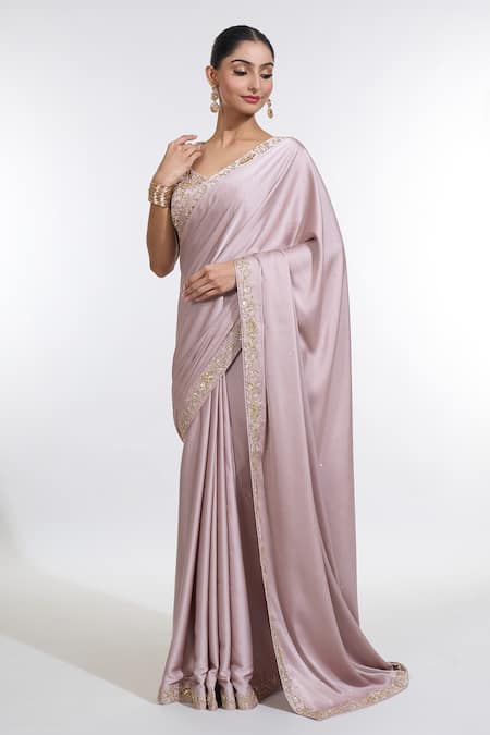 Buy_Meenagurnam_Rose Gold Net Sequins, Beads Armani Satin Embroidered Saree With Blouse _Online_at_Aza_Fashions