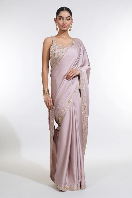 Shop_Meenagurnam_Rose Gold Net Sequins, Beads Armani Satin Embroidered Saree With Blouse _Online_at_Aza_Fashions