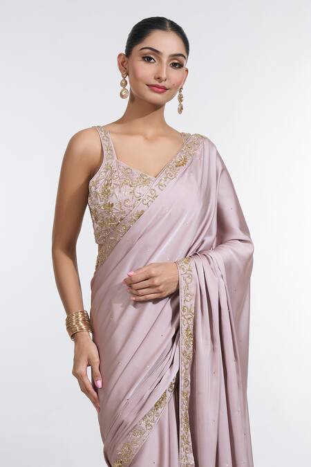 Meenagurnam_Rose Gold Net Sequins, Beads Armani Satin Embroidered Saree With Blouse _at_Aza_Fashions