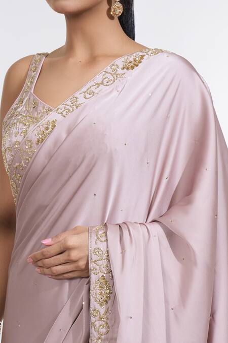Buy_Meenagurnam_Rose Gold Net Sequins, Beads Armani Satin Embroidered Saree With Blouse 