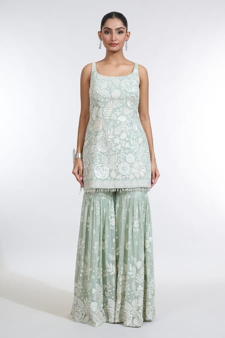 Meenagurnam_Green Georgette, Net Sequins, Embroidery Scoop Neck Floral Kurta Sharara Set _Online_at_Aza_Fashions