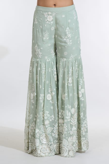 Buy_Meenagurnam_Green Georgette, Net Sequins, Embroidery Scoop Neck Floral Kurta Sharara Set _Online_at_Aza_Fashions