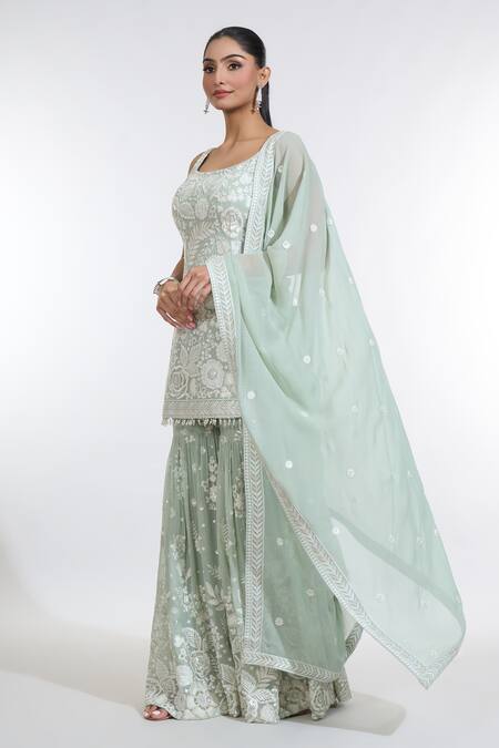 Shop_Meenagurnam_Green Georgette, Net Sequins, Embroidery Scoop Neck Floral Kurta Sharara Set _Online_at_Aza_Fashions
