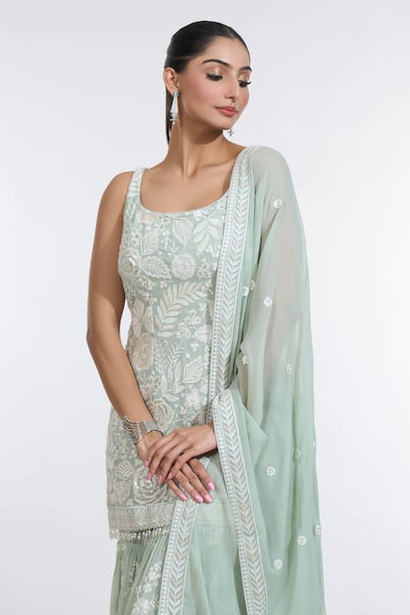 Meenagurnam_Green Georgette, Net Sequins, Embroidery Scoop Neck Floral Kurta Sharara Set _at_Aza_Fashions